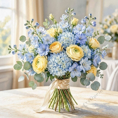 Aquarelle Blue Hydrangea & Rose Bouquet Watercolor Soft Pastel Flowers