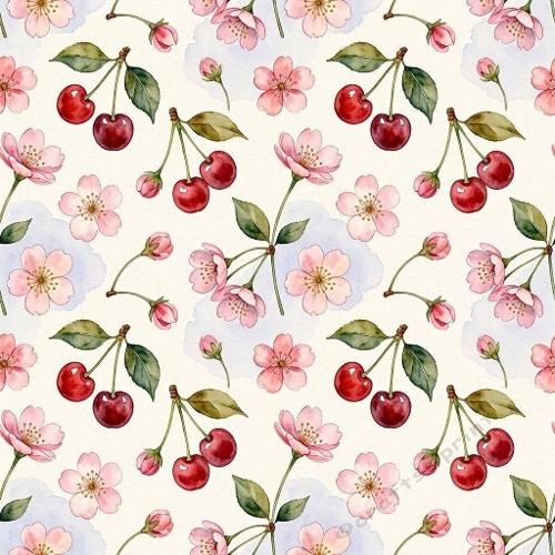 Aquarelle Cherry Blossom Pattern Watercolor Red Cherries Fresh Botanical Design