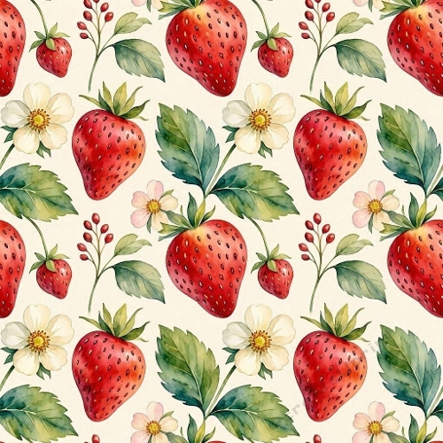 Aquarelle Strawberry Garden Pattern  Watercolor Red Berries & Blossoms  Fresh Botanical Design