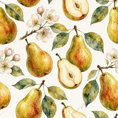 Aquarelle Pear Orchard Pattern Watercolor Pears & Blossoms Fresh Botanical Design