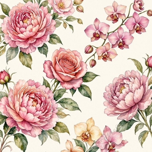 Aquarelle Peony Rose Orchid Bouquet  Watercolor Pink Floral Composition Elegant Botanical Art