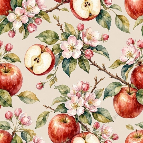 Aquarelle Apple Blossom Pattern Watercolor Red Apples & Flowers Fresh Botanical Design