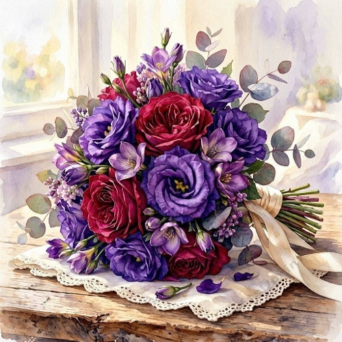 Aquarelle Purple & Red Bloom Bouquet Watercolor Roses & Lisianthus 