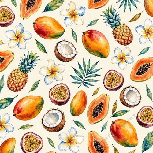 Aquarelle Tropical Orchard Pattern Watercolor Exotic Fruits & Plumeria Vibrant Summer Design