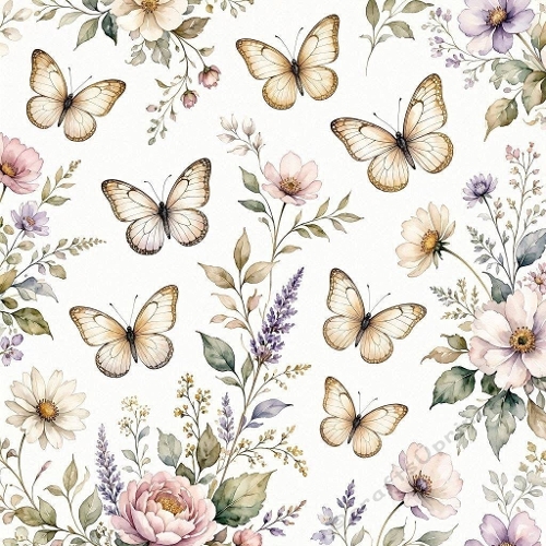 Luxury Watercolor Butterflies & Flowers Seamless Pattern