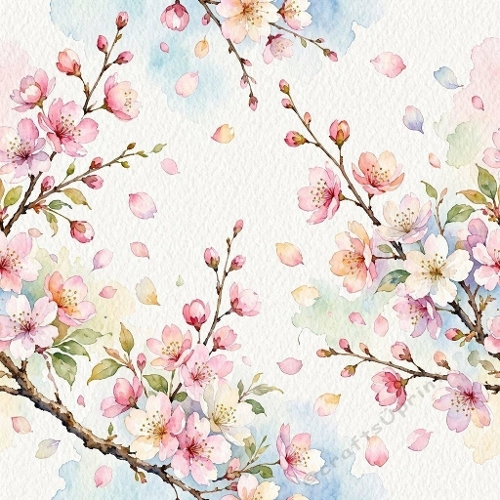 Elegant Cherry Blossoms Drifting Across Soft Watercolor Sky 