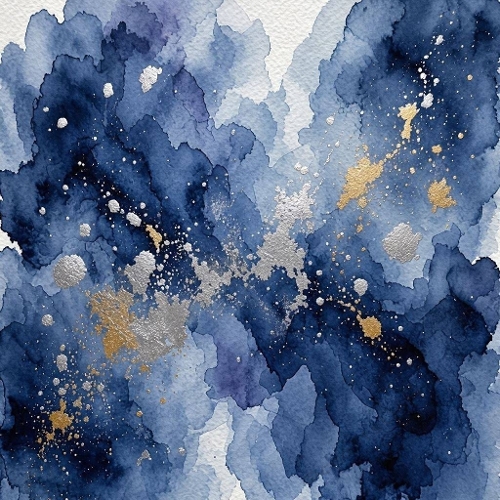 Deep Indigo Watercolor Wash with Silver & Gold Splashes