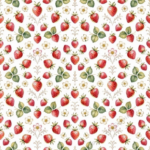 Strawberries & Tiny Flowers Seamless Pattern
