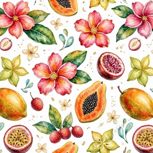 Exotic Fruits & Hibiscus Flowers Seamless Pattern
