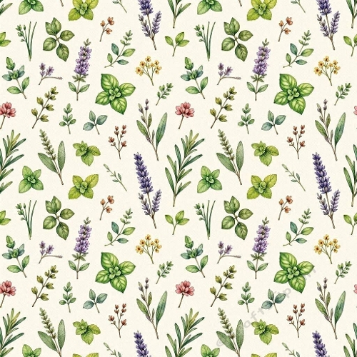 Aromatic Herbs & Garden Florals Seamless Pattern