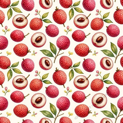 Lychee Fruits & Leaves Seamless Pattern Premium Aquarelle Design