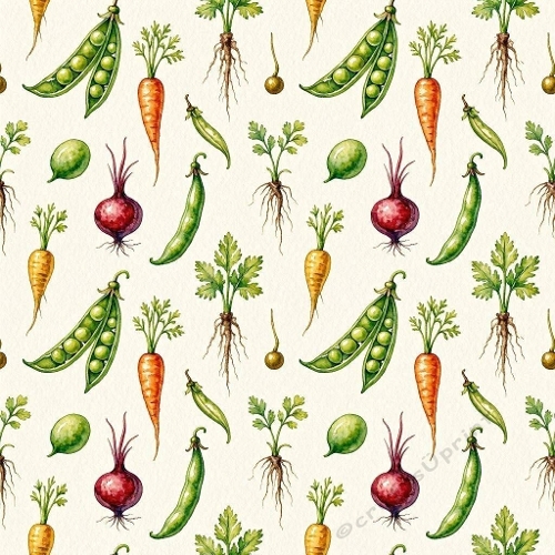 Carrots, Beets & Pea Pods Seamless Pattern Premium Garden Aquarelle Design