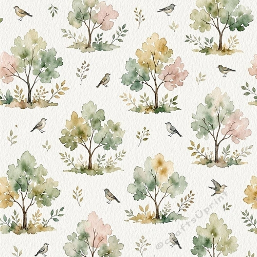 Pastel Trees & Birds Seamless Pattern