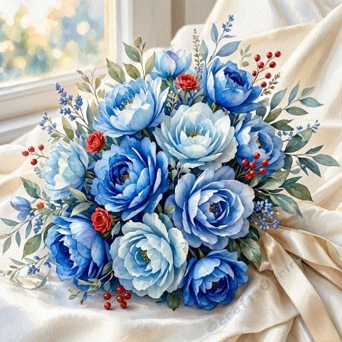 Blue Peonies & Red Roses Arrangement