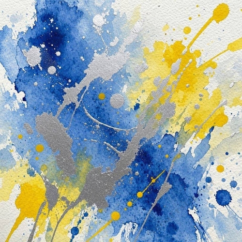 8K Watercolor Abstract Splash Blue, Yellow & Silver Ink Burst