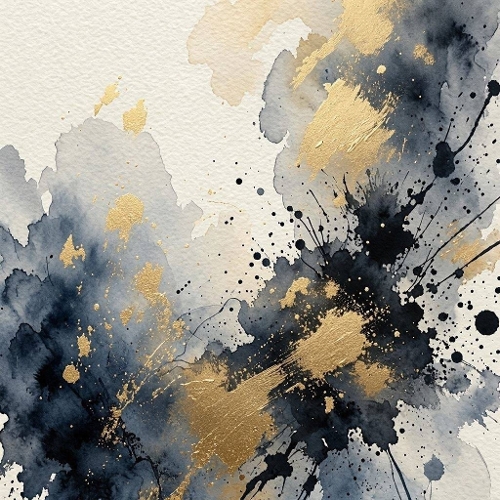 8K Watercolor Abstract Splash Deep Blue, Black & Gold