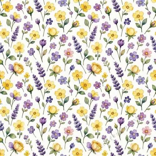 1024×1024 Watercolor Floral Seamless Pattern – Yellow, Purple & Pink Flowers Botanical Background