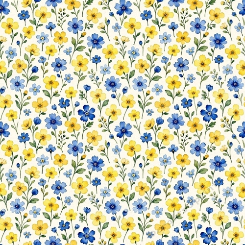 1024×1024 Yellow & Blue Floral Seamless Pattern – Watercolor Flowers Botanical Background for Crafts