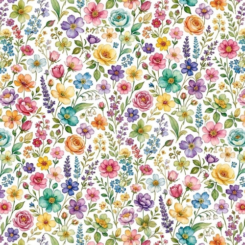 1024×1024 Multicolor Watercolor Floral Seamless Pattern – Roses, Tulips, Daisies & Lavender