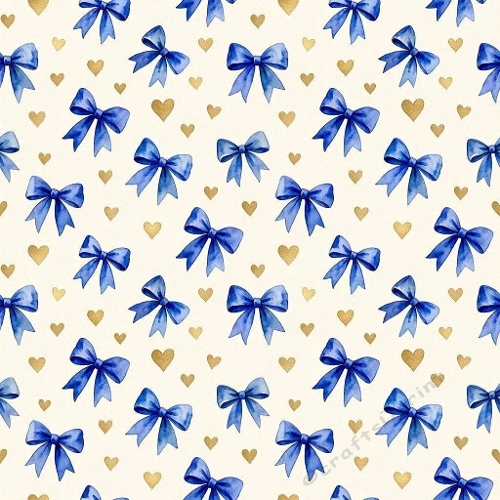 8K Watercolor Seamless Pattern Blue Bows & Gold Hearts 