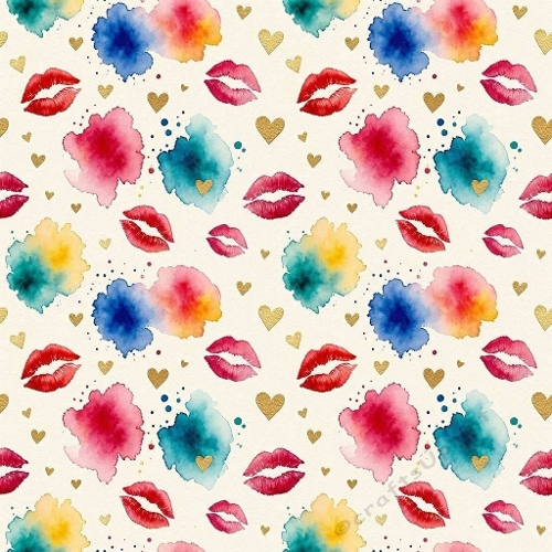 8K Watercolor Seamless Pattern Color Splash, Red Lip Kisses & Gold Hearts