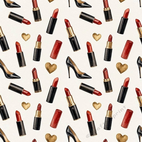 8K Watercolor Seamless Pattern Red Lipsticks, Black Heels & Gold Hearts 