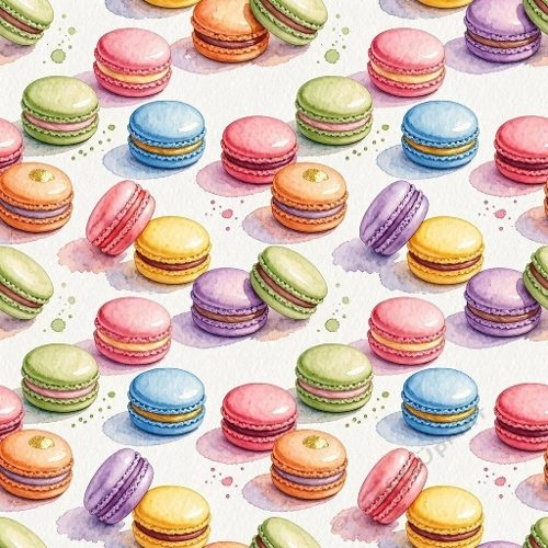 8K Watercolor Seamless Pattern Pastel Macarons with Soft Aquarelle Splashes