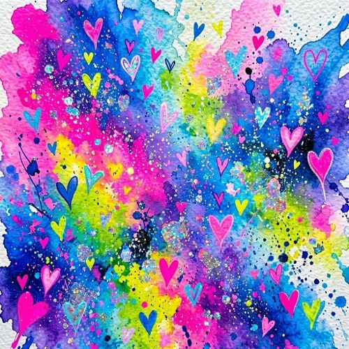1024×1024 Watercolor Hearts & Splash Seamless Pattern – Vibrant Multicolor Artistic Background