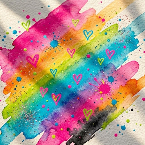1024×1024 Rainbow Watercolor Hearts & Starburst Seamless Pattern – Vibrant Abstract Background