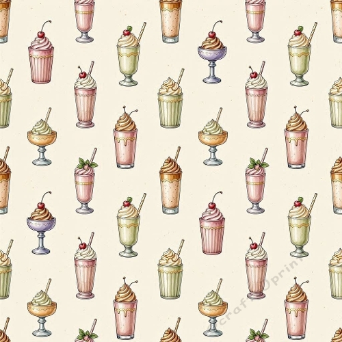 8K Watercolor Seamless Pattern Milkshakes & Ice Cream Sundaes