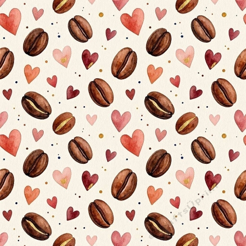 8K Watercolor Seamless Pattern Coffee Beans & Colorful Hearts  Cozy Romantic Aquarelle Design