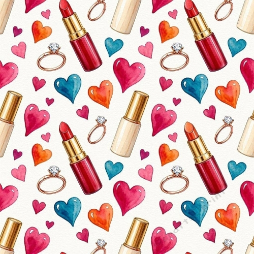 8K Watercolor Seamless Pattern  Red Lipsticks, Gold Tubes, Diamond Rings & Colorful Hearts 