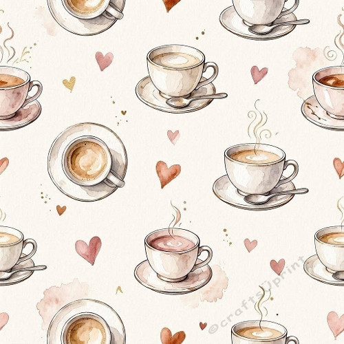 8K Watercolor Seamless Pattern  Coffee & Tea Cups with Hearts  Cozy Romantic Aquarelle Café Design
