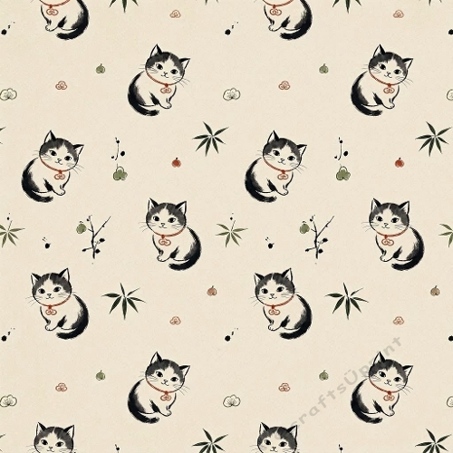 1024×1024 Cute Kittens & Botanical Japanese Seamless Pattern – Beige Background Cat Design