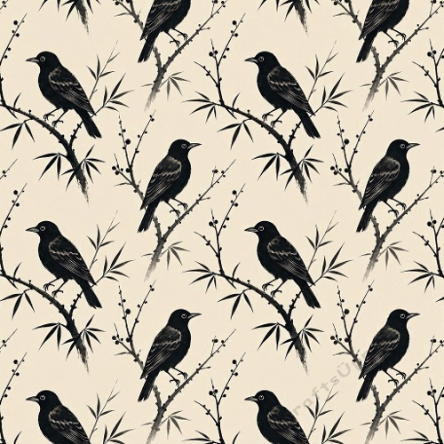 1024×1024 Black Birds on Branches Seamless Pattern – Botanical Beige Background Design