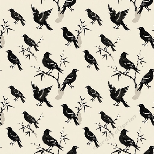 1024×1024 Black Birds & Bamboo Branches Seamless Pattern – Beige Background Ink‑Style Design