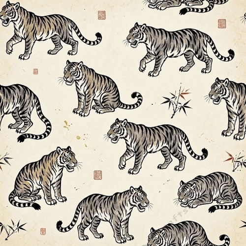 1024×1024 East‑Asian Tiger Seamless Pattern – Watercolor Ink Style on Beige Background