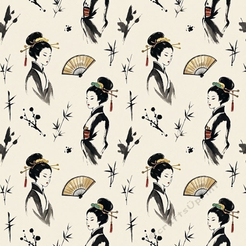 1024×1024 Japanese Kimono Lady Seamless Pattern – Ink Wash Style on Beige Background