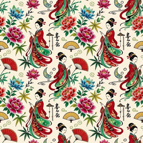 1024×1024 Asian Kimono Figures & Floral Seamless Pattern – Elegant Cultural Design on Beige Background