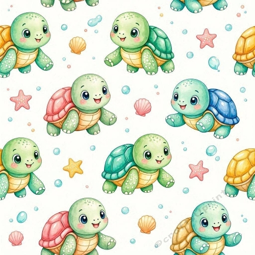 8K Watercolor Seamless Pattern Cute Baby Sea Turtles, Starfish & Shells Playful Ocean Aquarelle Design