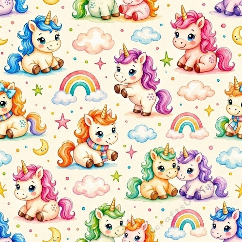 8K Watercolor Seamless Pattern Cute Colorful Unicorns, Rainbows & Stars Whimsical Pastel Aquarelle Design