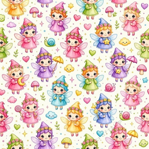8K Watercolor Seamless Pattern  Cute Fantasy Fairies & Magical Elements Pastel Whimsical Aquarelle Design