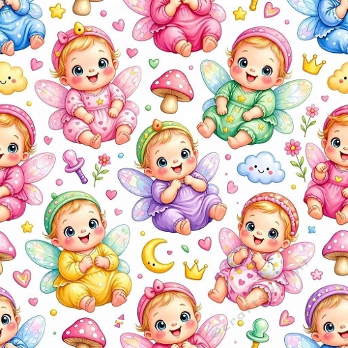 8K Watercolor Seamless Pattern | Baby Fairies, Crowns, Mushrooms & Pastel Magical Elements Whimsical Nursery Aquarelle Design