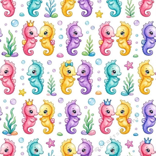 8K Watercolor Seamless Pattern Cute Seahorse Couples & Ocean Elements  Pastel Underwater Aquarelle Design