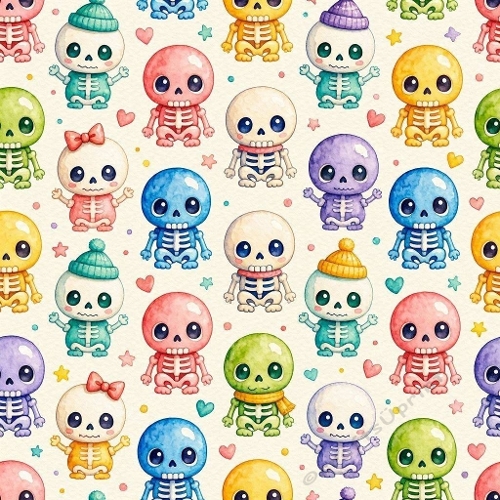 8K Watercolor Seamless Pattern  Cute Colorful Skeletons, Hearts & Stars Playful Aquarelle Halloween Design