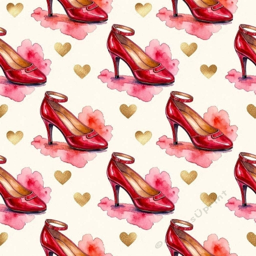 8K Watercolor Seamless Pattern Red High Heels, Pink Blotches & Gold Hearts 
