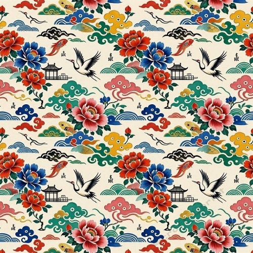 8K Watercolor Seamless Pattern Asian Peonies, Cranes, Koi & Clouds