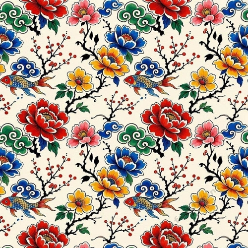 8K Watercolor Seamless Pattern  Colorful Flowers, Fish & Stylized Clouds