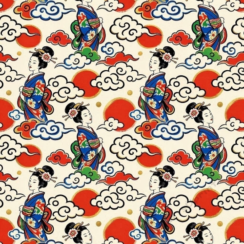 8K Watercolor Seamless Pattern Japanese Kimono Ladies, Clouds & Rising Sun 