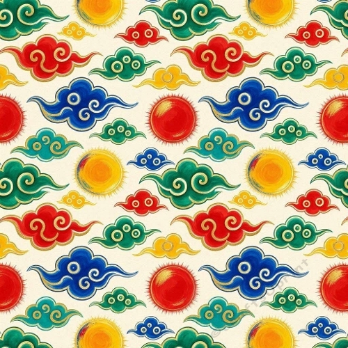 Watercolor Seamless Pattern Colorful Stylized Clouds & Suns 